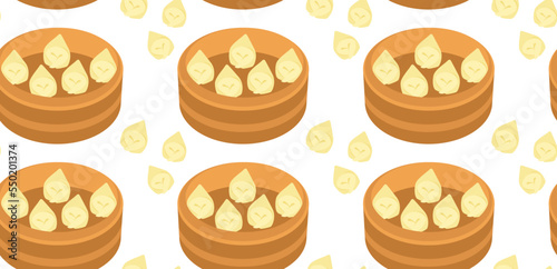 Wontons. Chinese dumplings in a steamer. Seamless pattern in vector. Asian cuisine