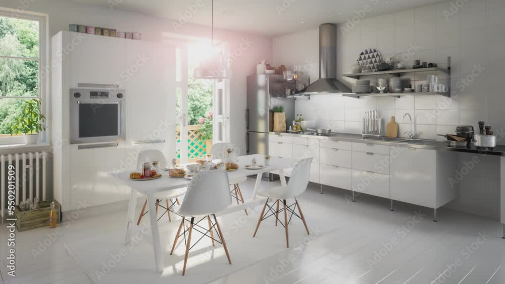 Ansicht von der Innenausstattung einer sonnigen, modernen Küche in Weiß - 3D Camera Animation
