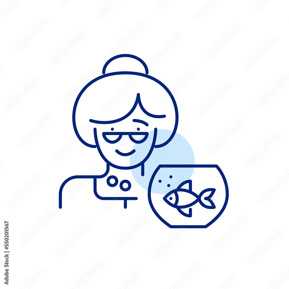 Cute elderly woman and her pet fish in a bowl. Pixel perfect, editable stroke line icon