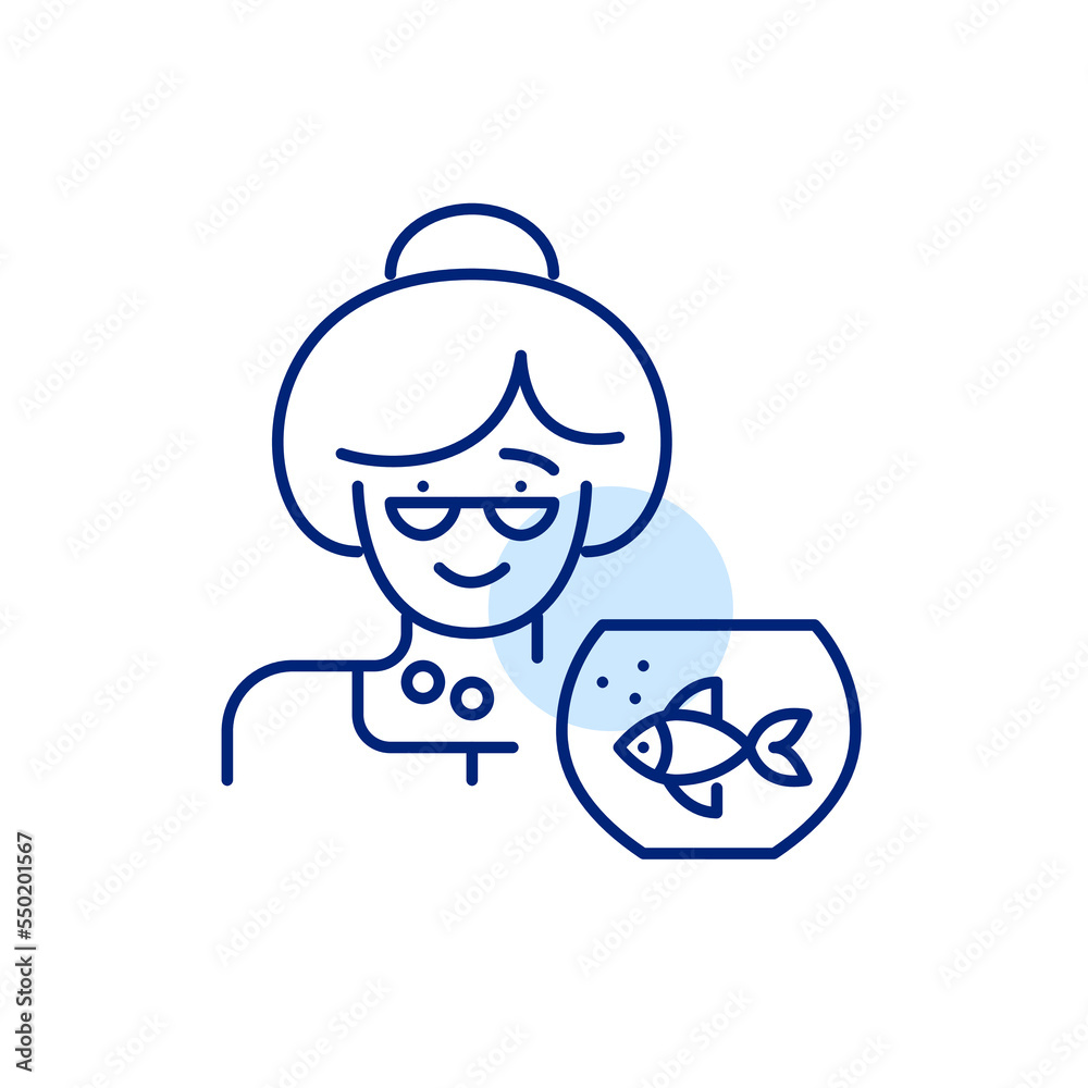 Cute elderly woman and her pet fish in a bowl. Pixel perfect, editable stroke line icon Cute elderly woman and her pet fish in a bowl. Pixel perfect, editable stroke line icon