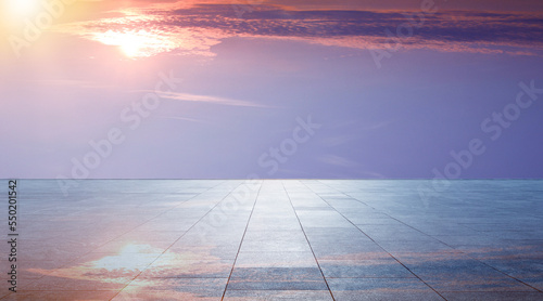 modern building and empty floor with skyline. Panoramic urban architecture, cityscape with space photo