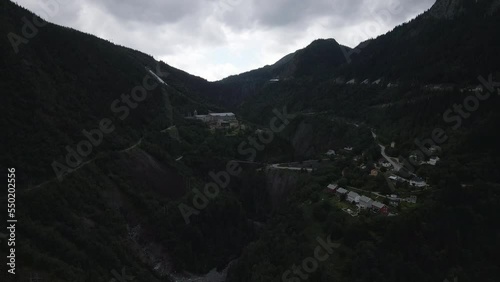 Aerial shot of houses and valley view from above during the morning time.  photo