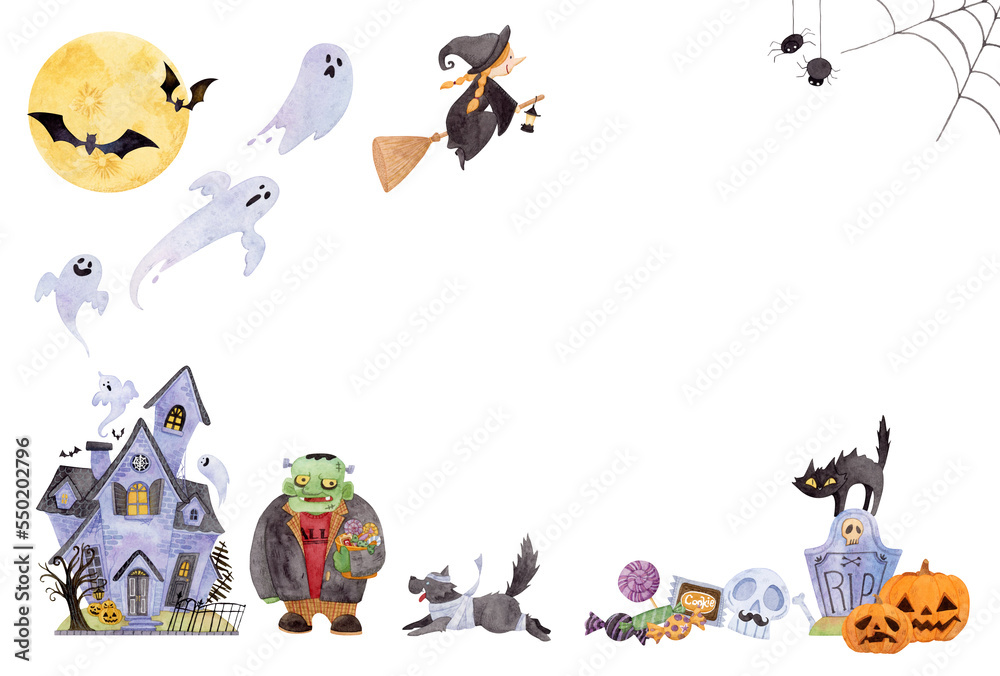 Obraz premium Happy Halloween greeting card. character, and horror house, party, candy, various symbols. Hand drawn watercolor. White frame.