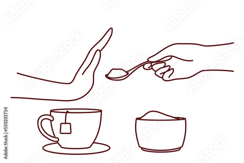 Person say no to sugar in tea or coffee. Man or woman make hand gesture refuse from sweet additives follow healthy lifestyle. Vector illustration. 
