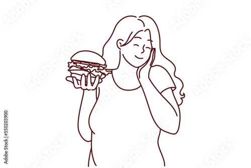 Happy overweight woman holding burger excited about fast food. Smiling fat girl eating fatty unhealthy hamburger. Diet and nutrition. Vector illustration. 