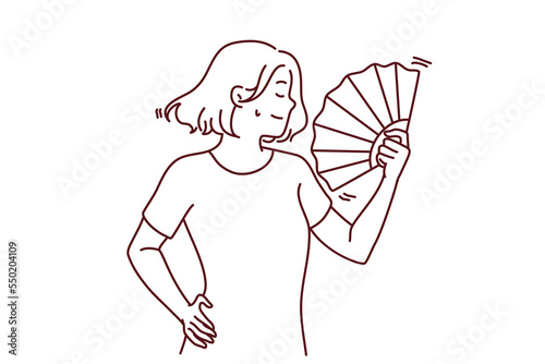 Young woman suffer from hot weather wave with hand fan. Unwell female struggle with heatstroke use waver for fresh air. Vector illustration. 