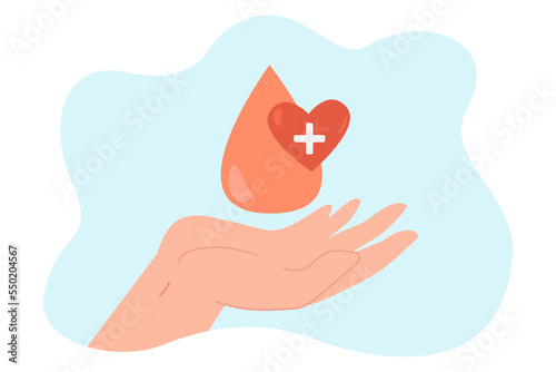 Hand of donor with drop of blood and red comic heart. Person holding blood donation symbol flat vector illustration. Charity, medicine, volunteering concept for banner or landing web page