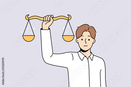 Man holding scales in hands showing balance. Male with weighs demonstrate justice and law. Human rights concept. Vector illustration. 