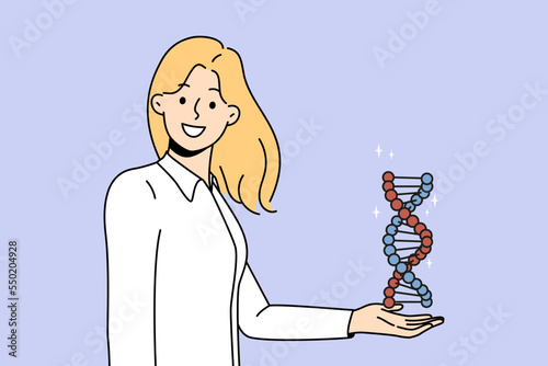 Smiling young woman hold DNA model in hands. Happy female scientist or searcher with DNA spiral. Science and genetics concept. Vector illustration. 
