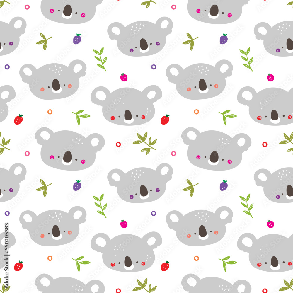 Seamless Pattern with Cartoon Koala Bear Face, Leaf and Strawberry Design on White Background Seamless Pattern with Cartoon Koala Bear Face, Leaf and Strawberry Design on White Background