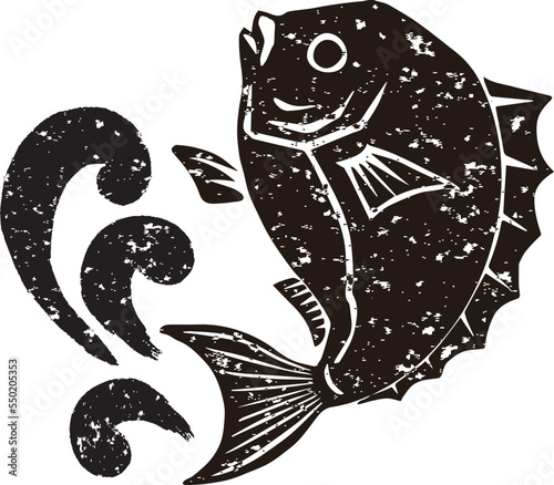 鯛の版画イラスト　黒