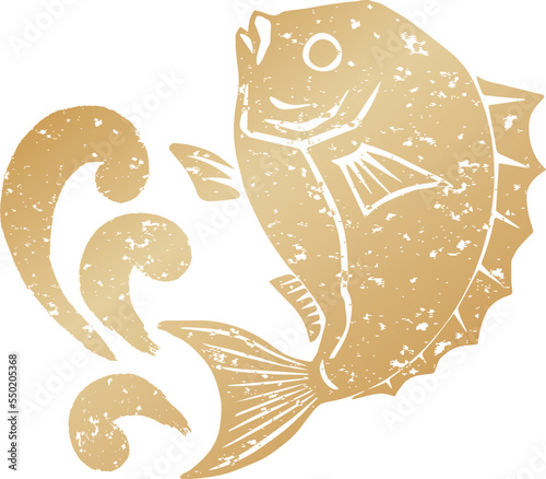 鯛の版画イラスト　金色