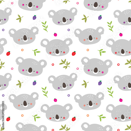 Seamless Pattern with Cartoon Koala Bear Face  Leaf and Strawberry Design on White Background