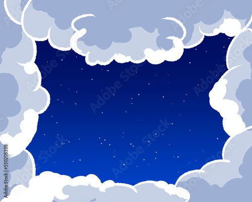 illustration night sky surrounded by cloud anime style. cat like shape.