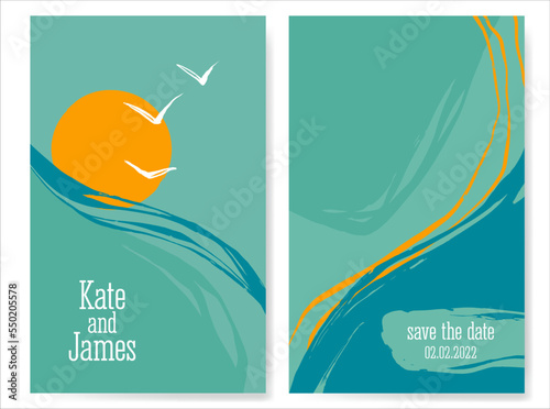 Invitation template for a wedding or special event. Abstract landscape with waves, sun and birds. Creative vector illustration. Modern vector brochure template design.