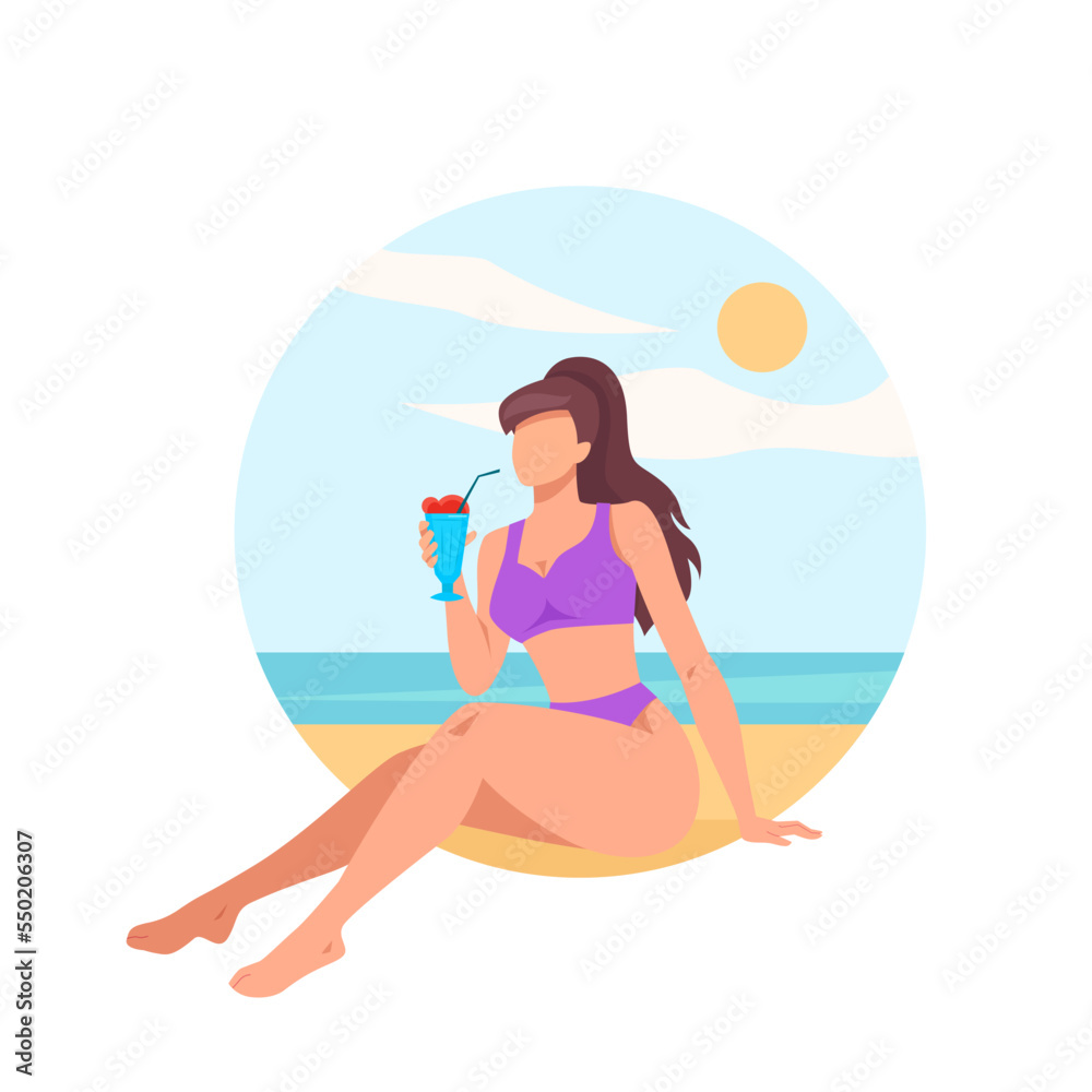 Woman holding cocktail and sunbathes on a beach