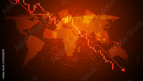 Abstract map dot and stock market charts are falling or bear market or rug pull the market is going down hard. On a red-orange background.