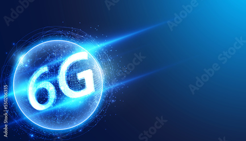 abstract 6G global dot network connection and communication futuristic on blue background.