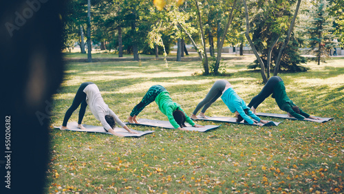 Pretty girls sportswomen are practising hatha yoga outdoors in city park doing exercises on bright mats wearing sports clothing. Nature, well-being and activity concept. photo
