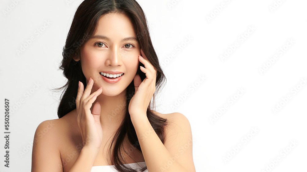 Fototapeta premium Beautiful young asian woman with clean fresh skin on white background, Face care, Facial treatment, Cosmetology, beauty and spa, Asian women portrait.