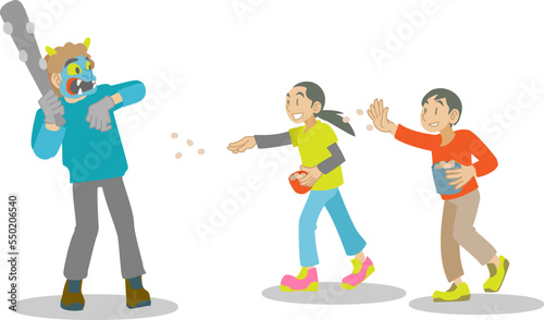 節分に豆まきをする子供たち