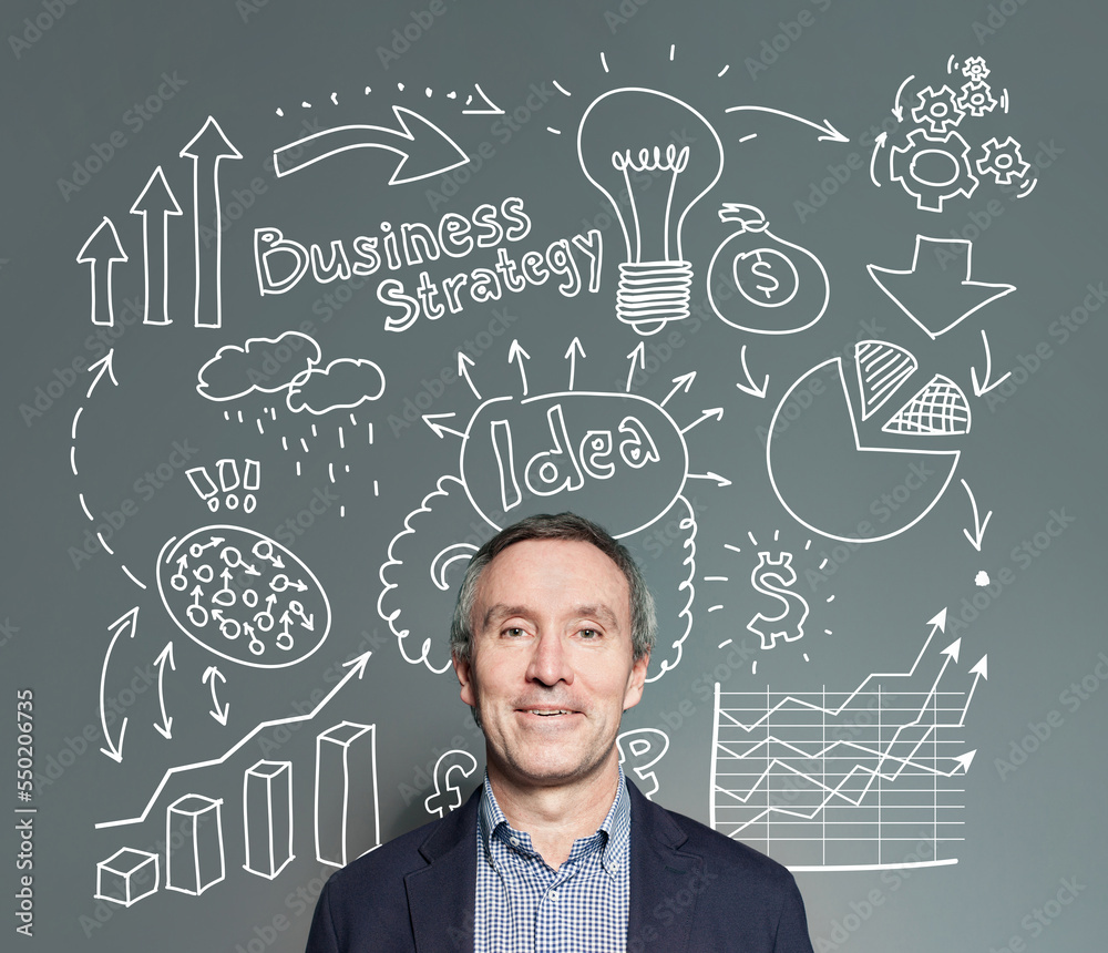 Pensive serious man with question marks and light bulbs above her head. Idea, brainstorming, thinking business concept Pensive serious man with question marks and light bulbs above her head. Idea, brainstorming, thinking business concept