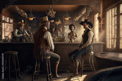 AI generated image of cowboys and barmaids inside a saloon in the wild wild west	
 photo