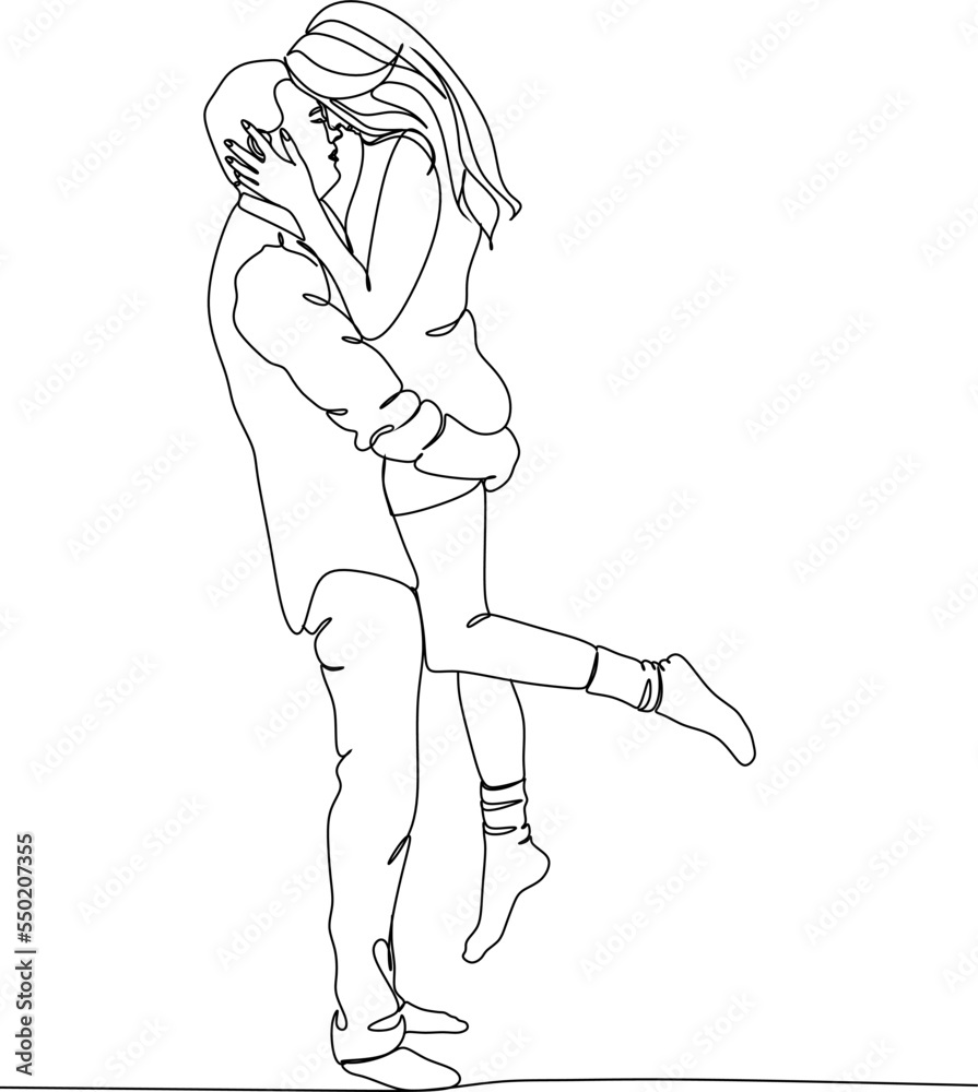 Fototapeta premium One continuous, single line drawing of a woman and a man. Hugs of a young couple, lovers, woman and man. Doodles. Romantic.