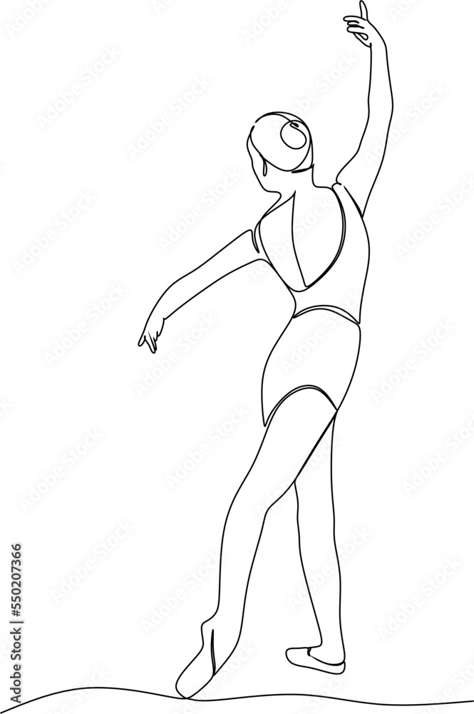 One line drawing vector illustration of a ballerina woman. Minimalist pretty ballerina shows dance move concept. Wall decor poster trendy print. Modern continuous line graphic design