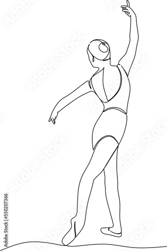 One line drawing vector illustration of a ballerina woman. Minimalist pretty ballerina shows dance move concept. Wall decor poster trendy print. Modern continuous line graphic design