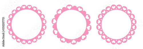 Circle scalloped frame with hearts. Scalloped edge round shape. Simple label sticker form. Flower silhouette lace frame. Cute vintage frill ornament. Vector illustration isolated on white background.