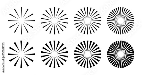 Radial circle lines. Circular radiating lines geometric element. Sun star rays symbol. Abstract geometric shapes. Design element. Vector illustration isolated on white background.