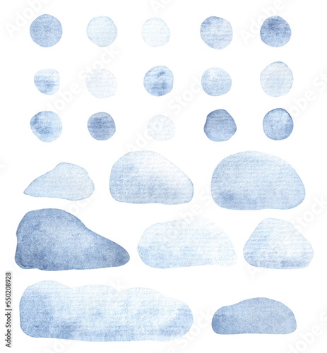 A set of watercolor elements for creating winter cartoon landscapes. Snow, snowfall, snowdrifts, clouds isolated on a white background. For Christmas design.