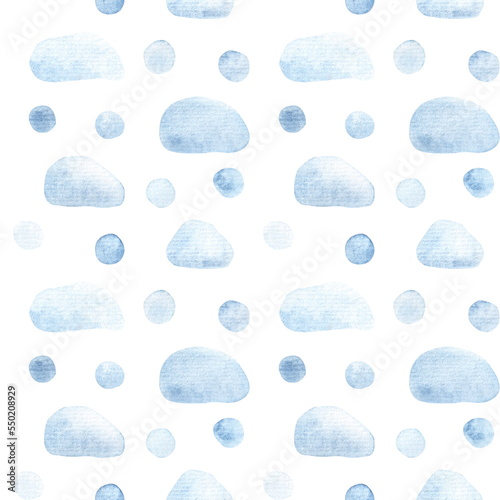 Seamless pattern of watercolor elements for creating winter cartoon design. Snow, snowfall, snowdrifts, clouds isolated on a white background. For Christmas textile.