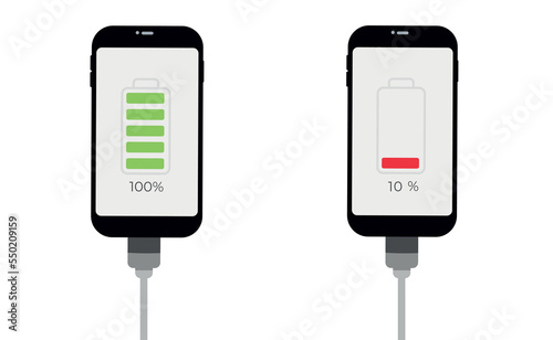 A discharged and fully charged smartphone battery. A set of smartphones with battery level indicators and a USB connection. Vector infographics.