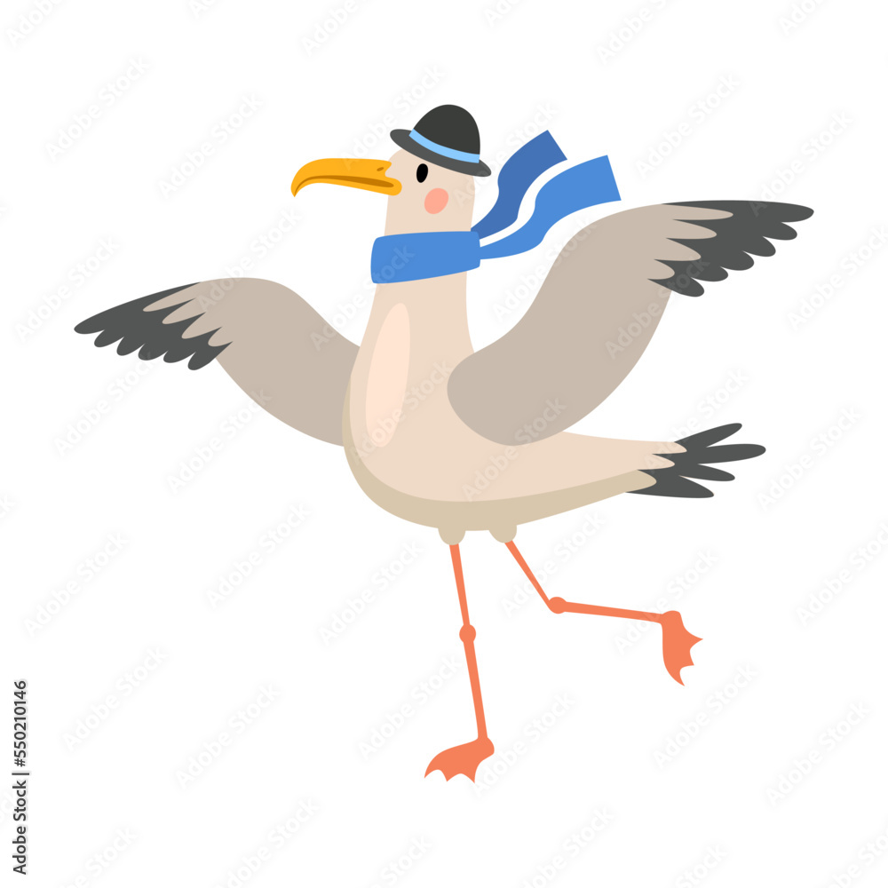 Fototapeta premium Seagull captain cartoon illustration. Funny bird in hat flying with fish in its beak isolated on white background