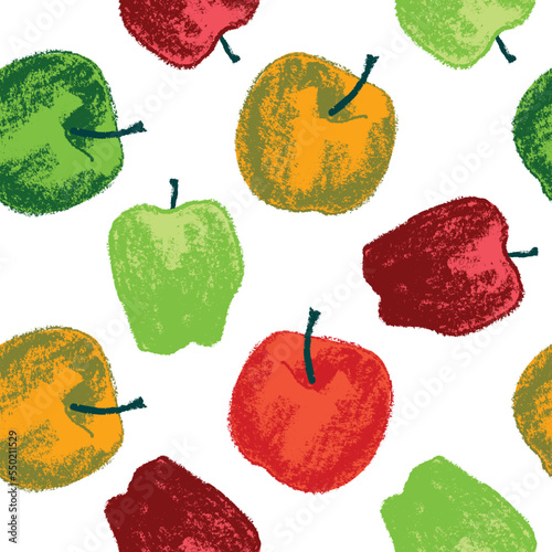 Multicolored apple seamless pattern for fabric design. Green apples textile ornament. Fruit background for Vegan banner, label juice. Red apple drawings for jam packaging. Hand-drawn wallpaper.