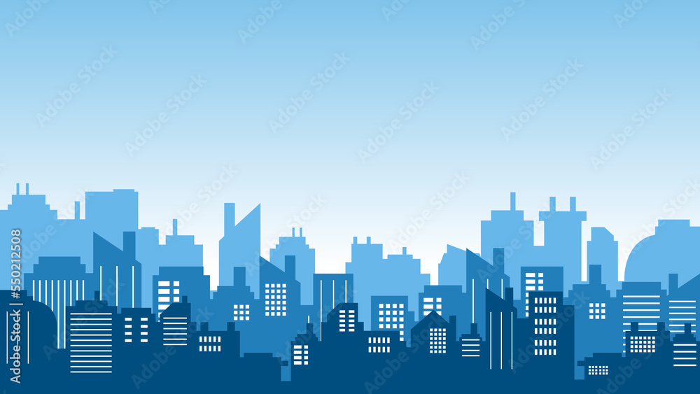 Illustration of many buildings in the city with blue sky gradient