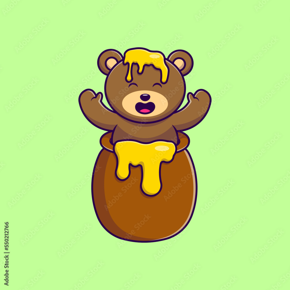 Cute Bear In Honey Jar Cartoon Vector Icons Illustration. Flat Cartoon