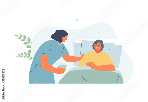 Nurse taking care of a sick old woman. Palliative and psychological support, hospice, disability, terminal illness. Vector illustration