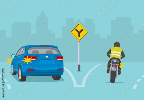 Traffic regulation rules. Y-junction lane direction sign. Back view of a traffic flow on highway. Blue suv and motorcycle on road. Flat vector illustration template.
