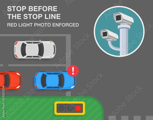 Safe driving tips and traffic regulation rules. Stop before the stop line. Red light photo enforced. Close-up view. Flat vector illustration template.