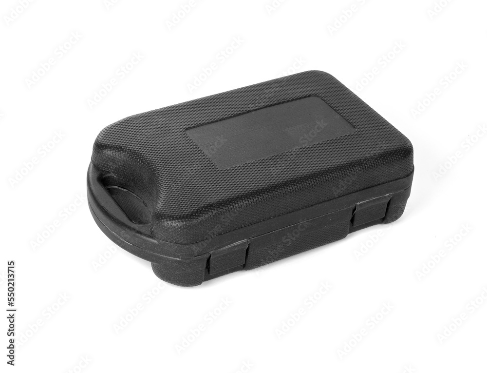 Black plastic closed box for tools isolated on white background Black plastic closed box for tools isolated on white background