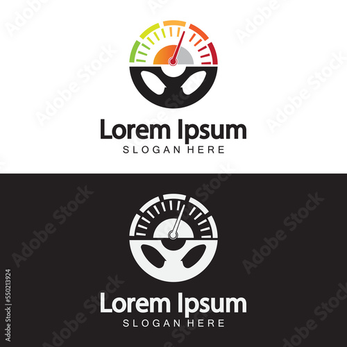 Steering Wheel and speedometer logo template. Driving school vector design.