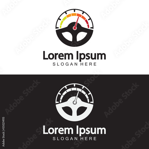 Steering Wheel and speedometer logo template. Driving school vector design.