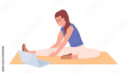 Lady stretching legs with video lesson semi flat color vector character. Editable figure. Full body person on white. Exercising simple cartoon style illustration for web graphic design and animation