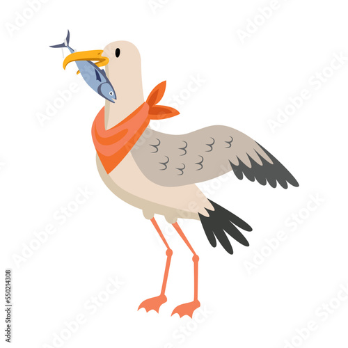 Seagull captain with fish in beak cartoon illustration. Funny bird in hat flying with fish in its beak isolated on white background