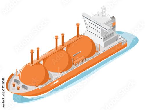 Gas and oil tank ship import export transportation of liquefied natural gas isometric cartoon orange vector isolated