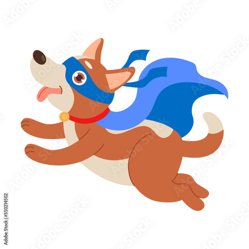 Hero dog puppy, animal character cartoon illustration. Funny little superhero in cape and mask on white background