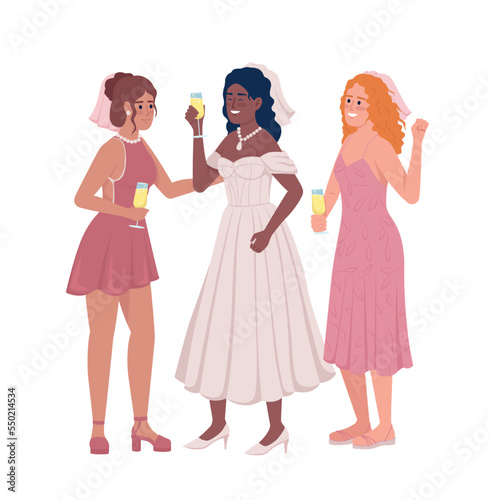 Bride with bridesmaids semi flat color vector characters. Editable figures. Full body people on white. Bachelorette party event simple cartoon style illustration for web graphic design and animation